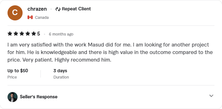 I am very satisfied with the work Masud did for me. I am looking for another project for him. He is knowledgeable and there is high value in the outcome compared to the price. Very patient. Highly recommend him. - Digital Wizard Masud