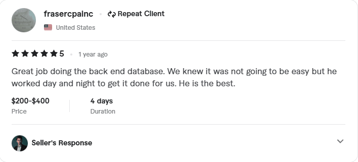 Great job doing the back end database. We knew it was not going to be easy but he worked day and night to get it done for us. He is the best. - Digital Wizard Masud